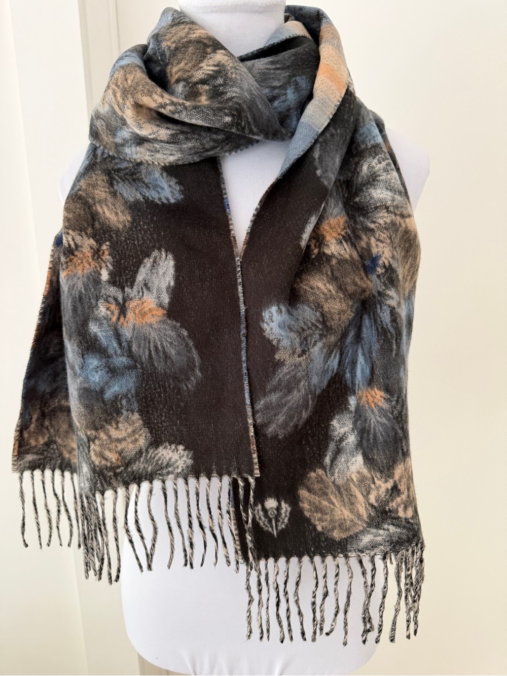 FRAAS Cashmink Winter Scarf Fringe Floral Pattern Cozy Reversible Whimsigoth